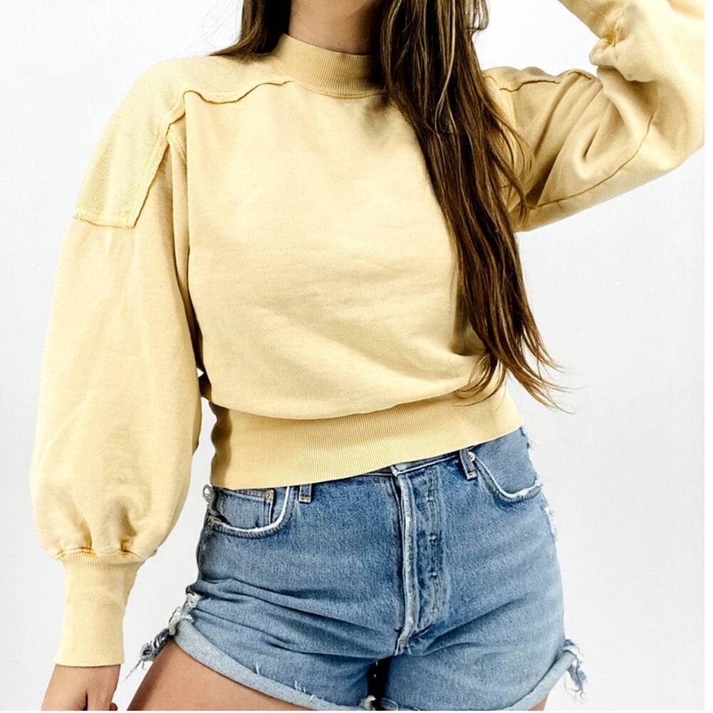 Free people balloon sleeve pullover sweatshirt 100% cotton boho butter yellow L